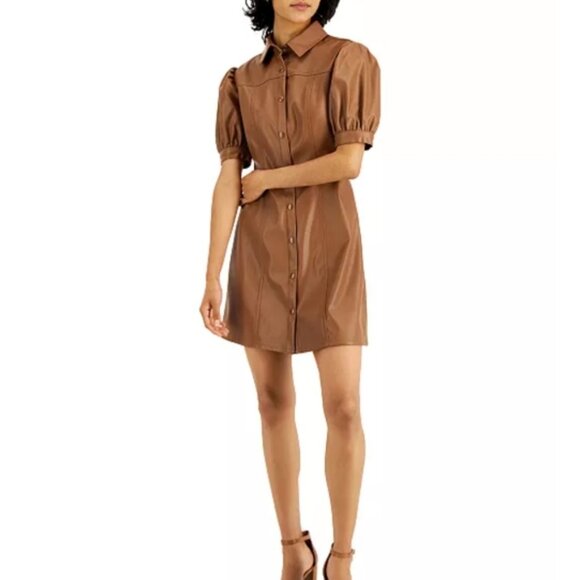 KIT  SKY Faux-Leather Puff-Sleeve Button-Down Pleated Dress Brown Size XXL - Picture 3 of 10